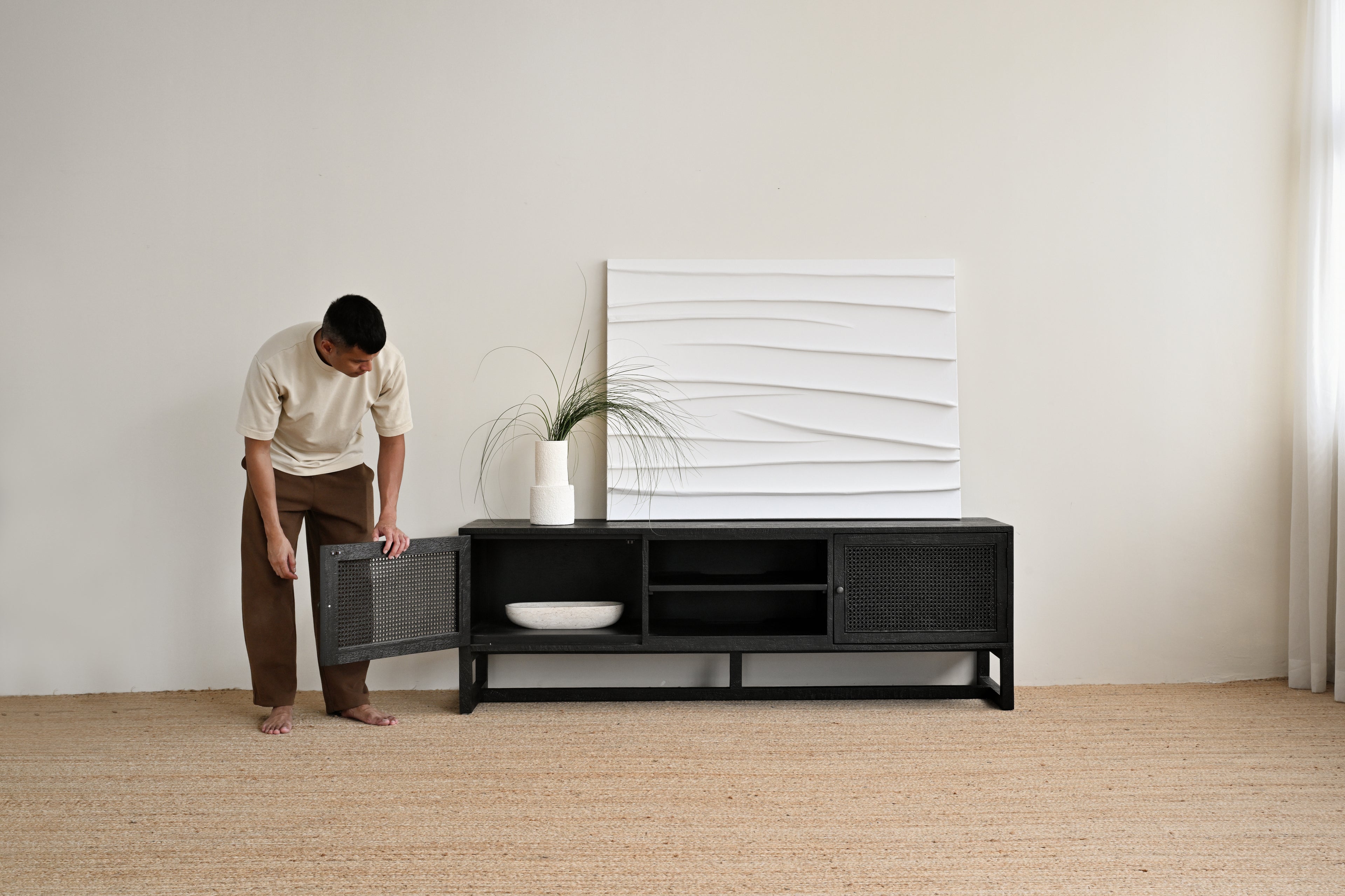 Person opening a cabinet in a minimalistic room with a TV and plant.