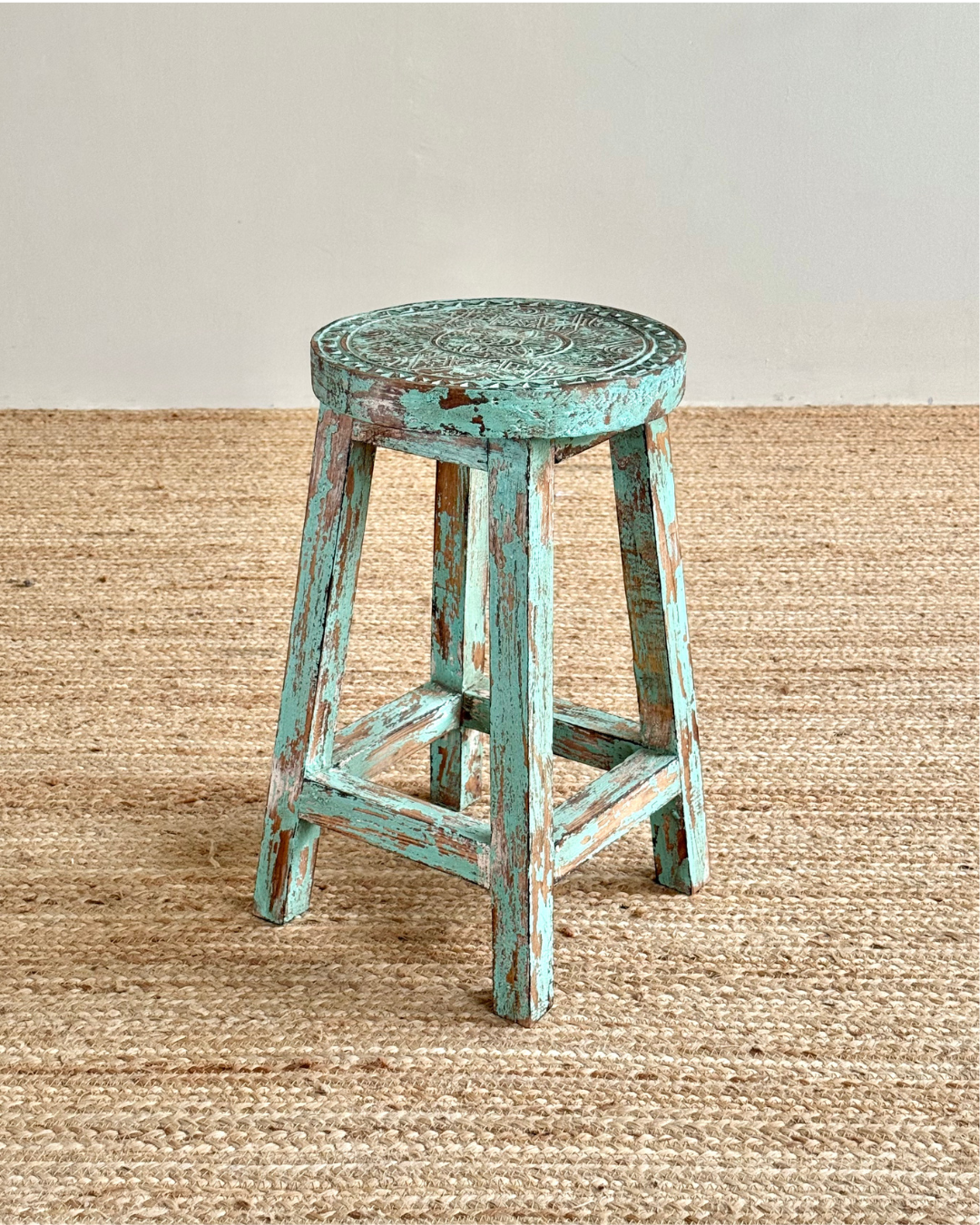 Green Hand Carved Stool