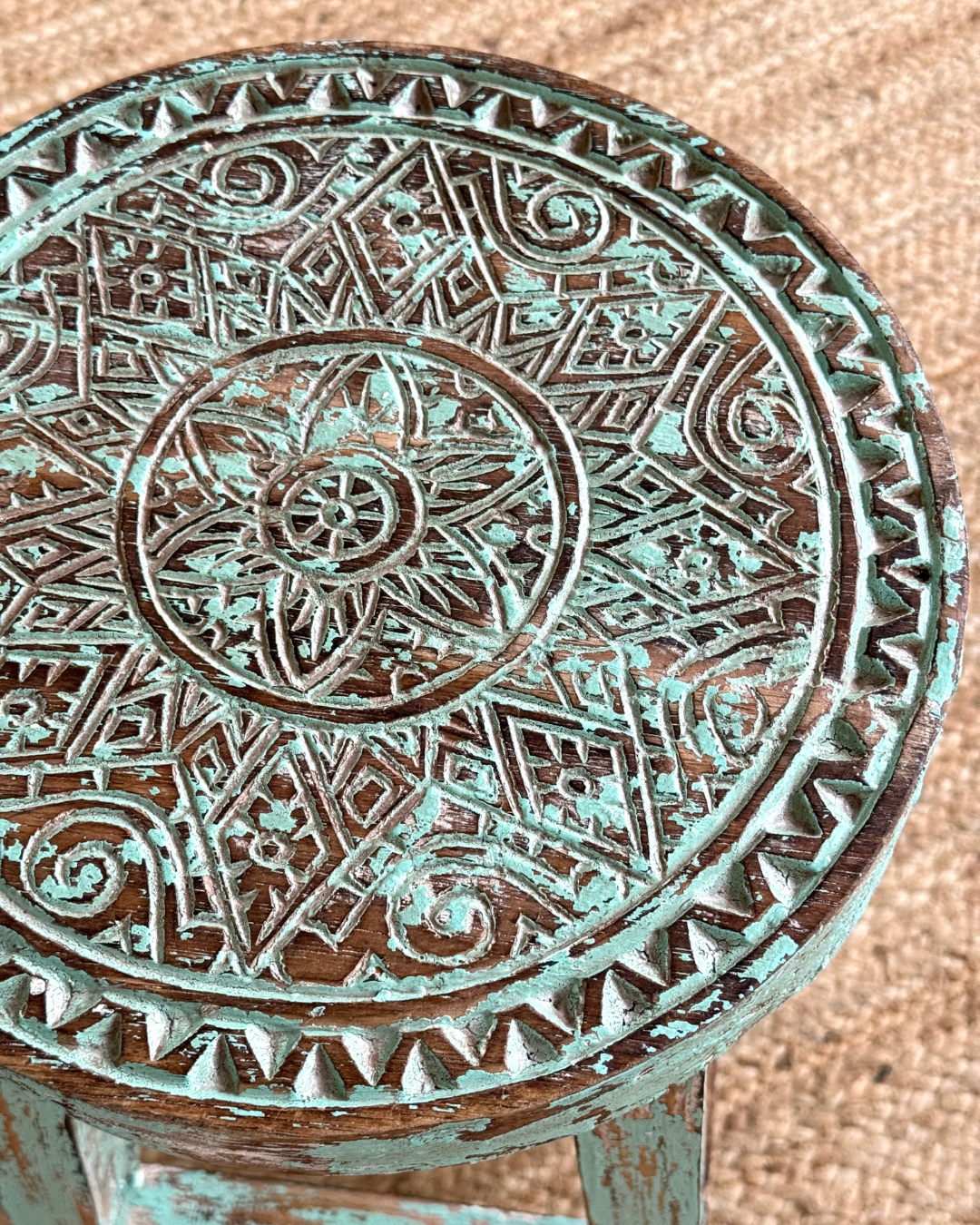 Green Hand Carved Stool