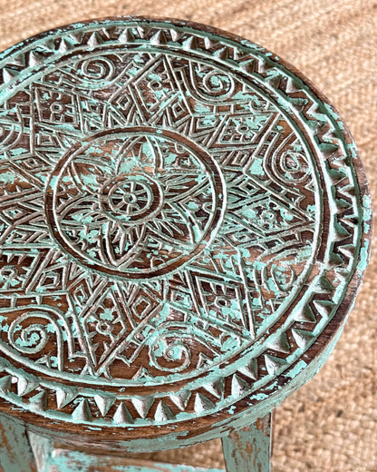 Green Hand Carved Stool
