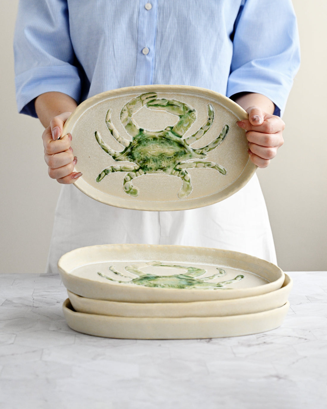 Person holding a ceramic plate with a crab design on a white background