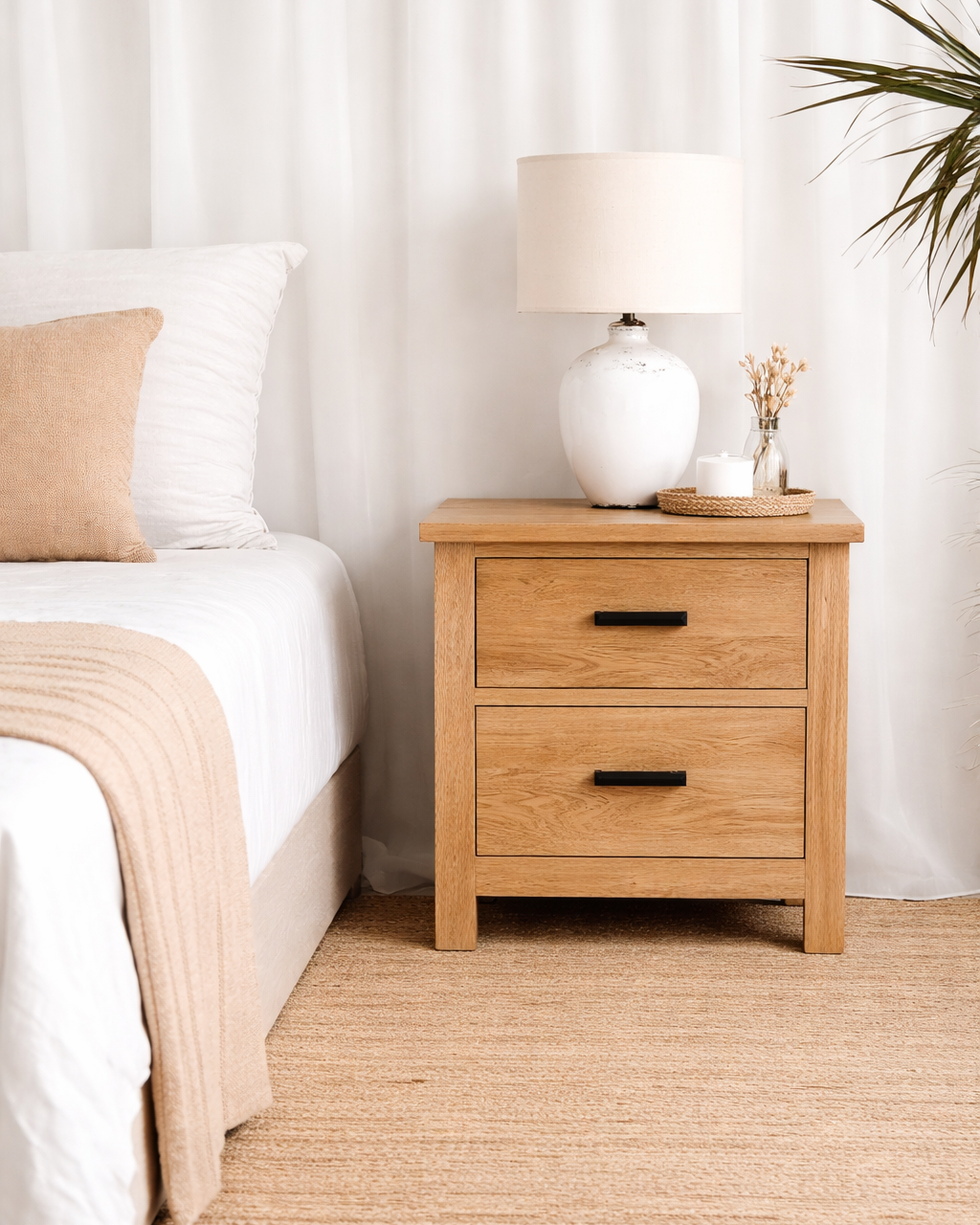 solid wood nightstand with lamp