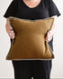 Person holding a brown pillow with a plain background