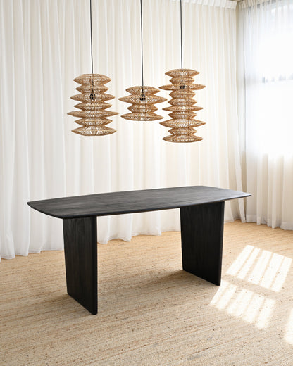 solid teak back dining table with pendant lights 