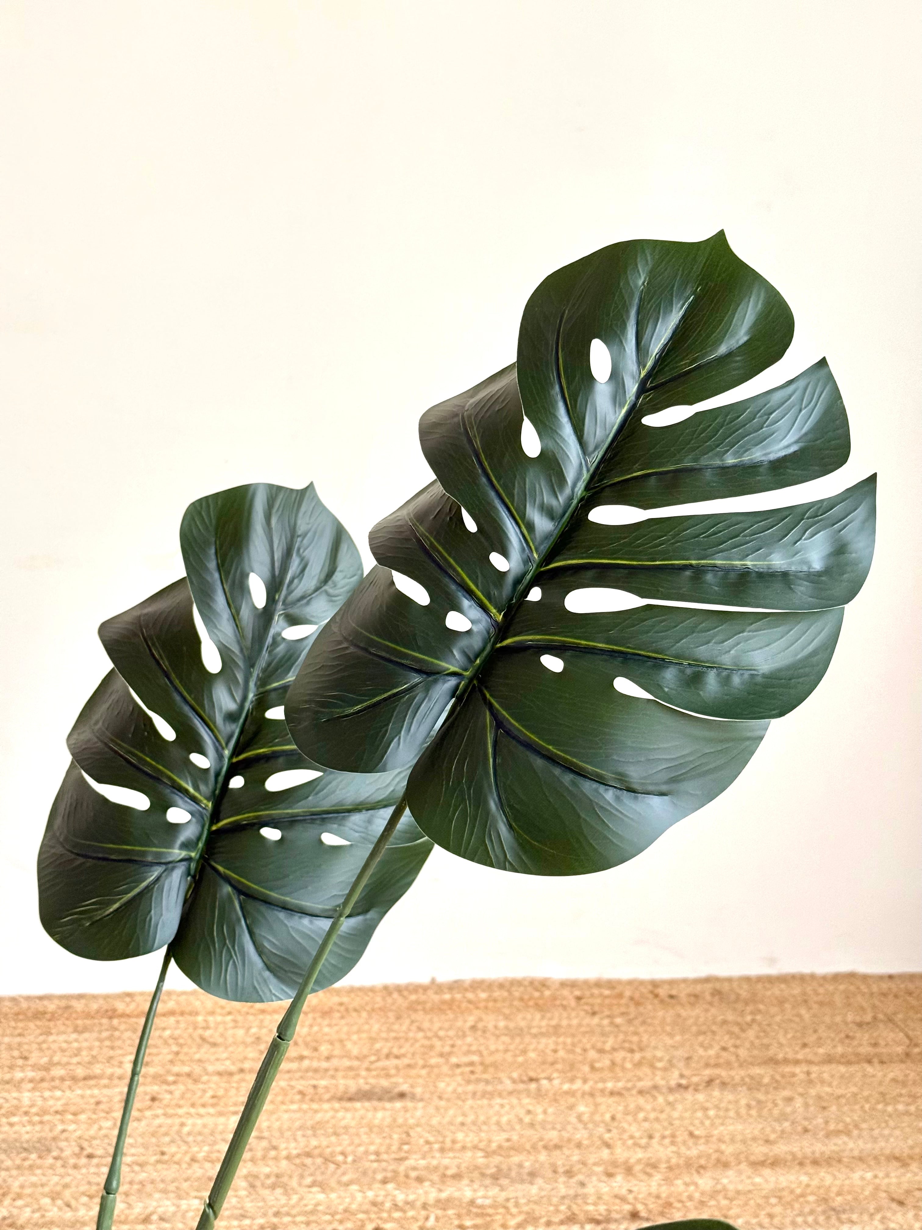 Two large artificial monstera deliciosa leaves with realistic fenestrations and glossy dark green surfaces, attached to long stems against a light cream wall and woven jute floor.