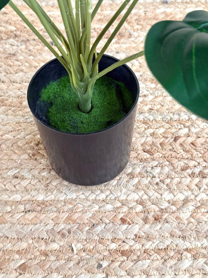 An artificial green plant with long slender stems and a large glossy leaf, potted in a black plastic container filled with green moss, placed on a woven natural-fiber mat.
