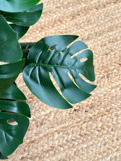 A close-up of a glossy green monstera leaf resting on a textured beige woven rug.