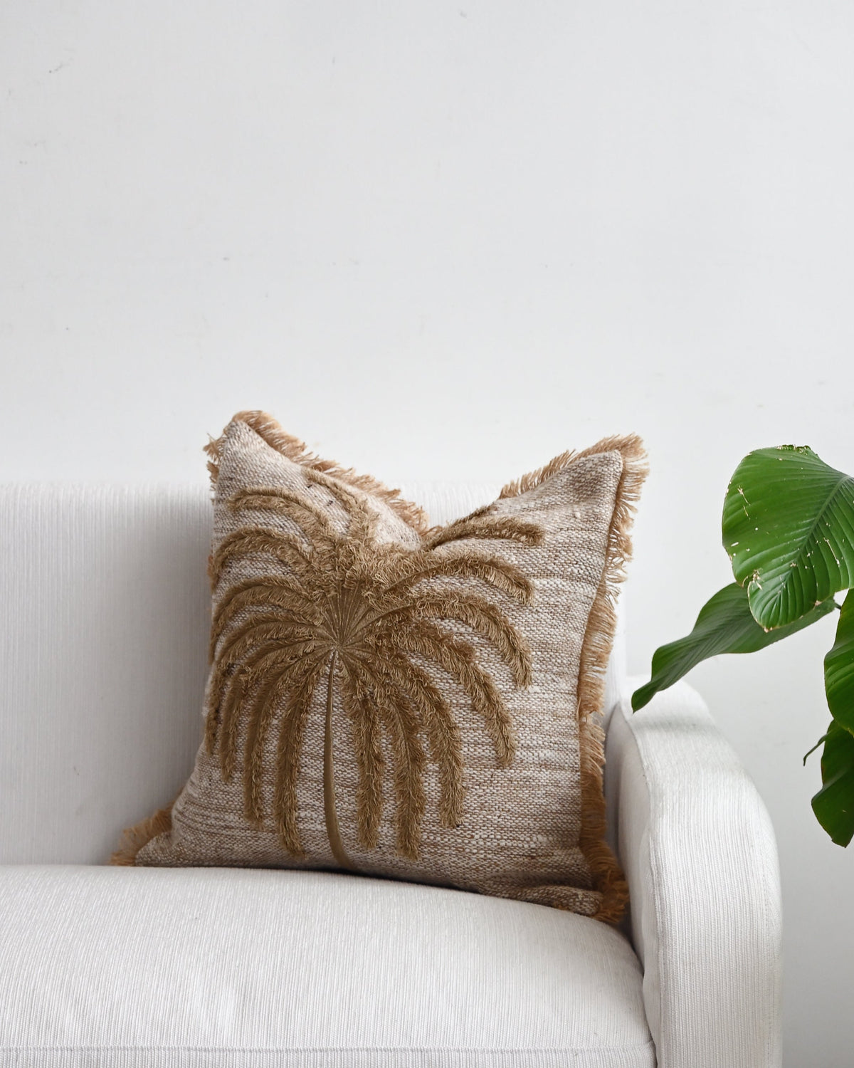 Natural Palmtree Cushion Cover with Fringe - 55 x 55 cm