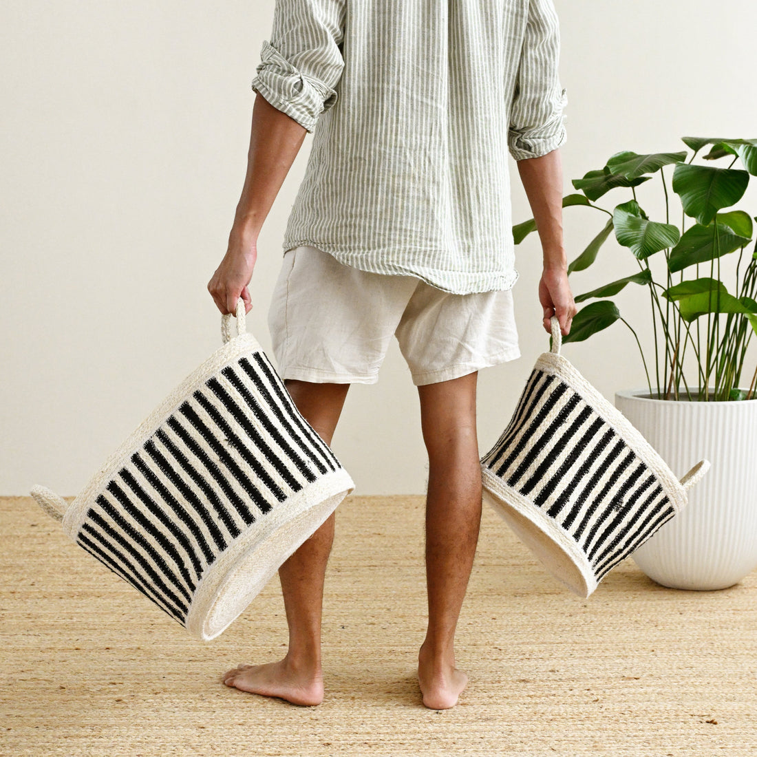 Noir Jute Striped Basket