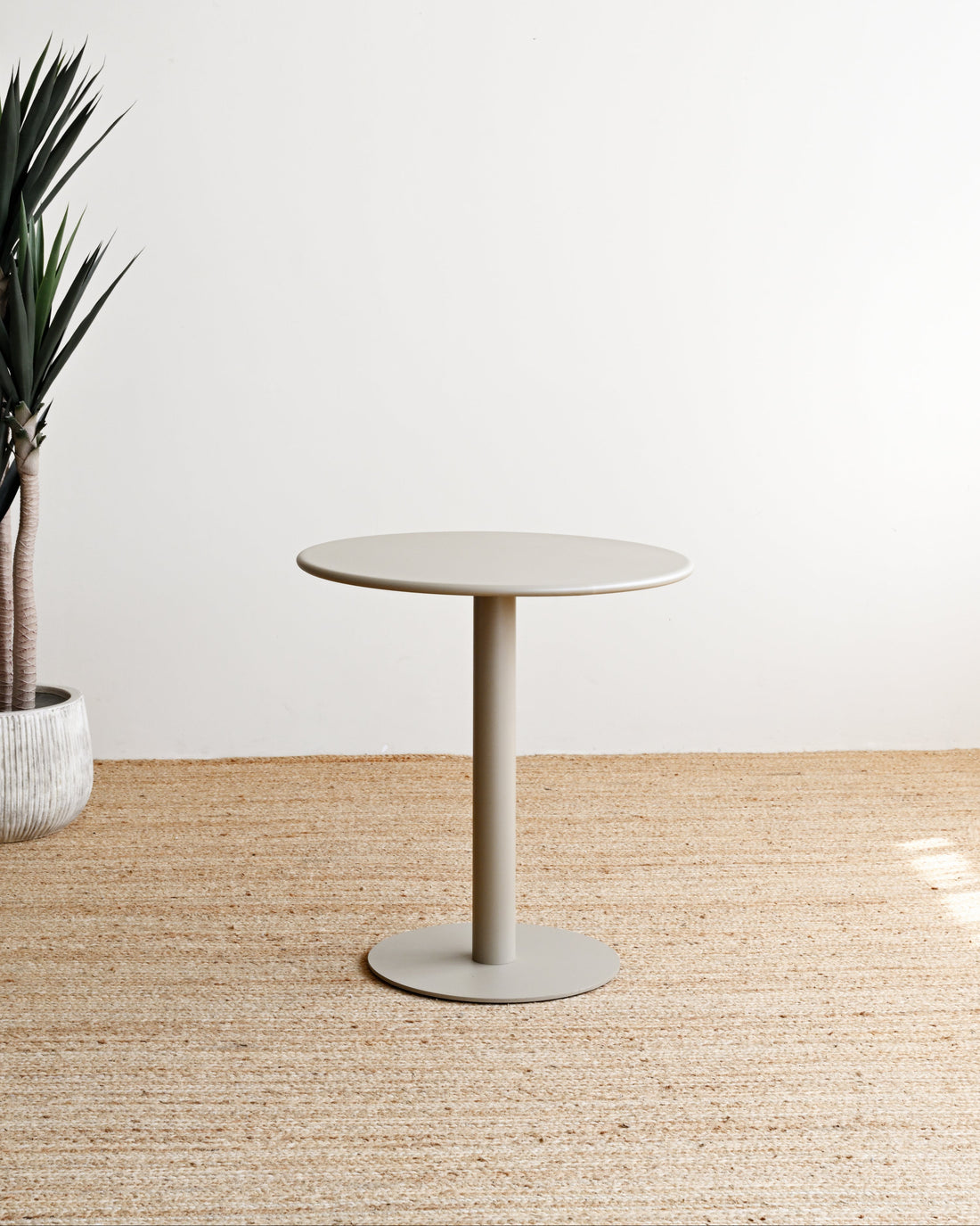 Round side table with a plant on a wooden floor against a white wall