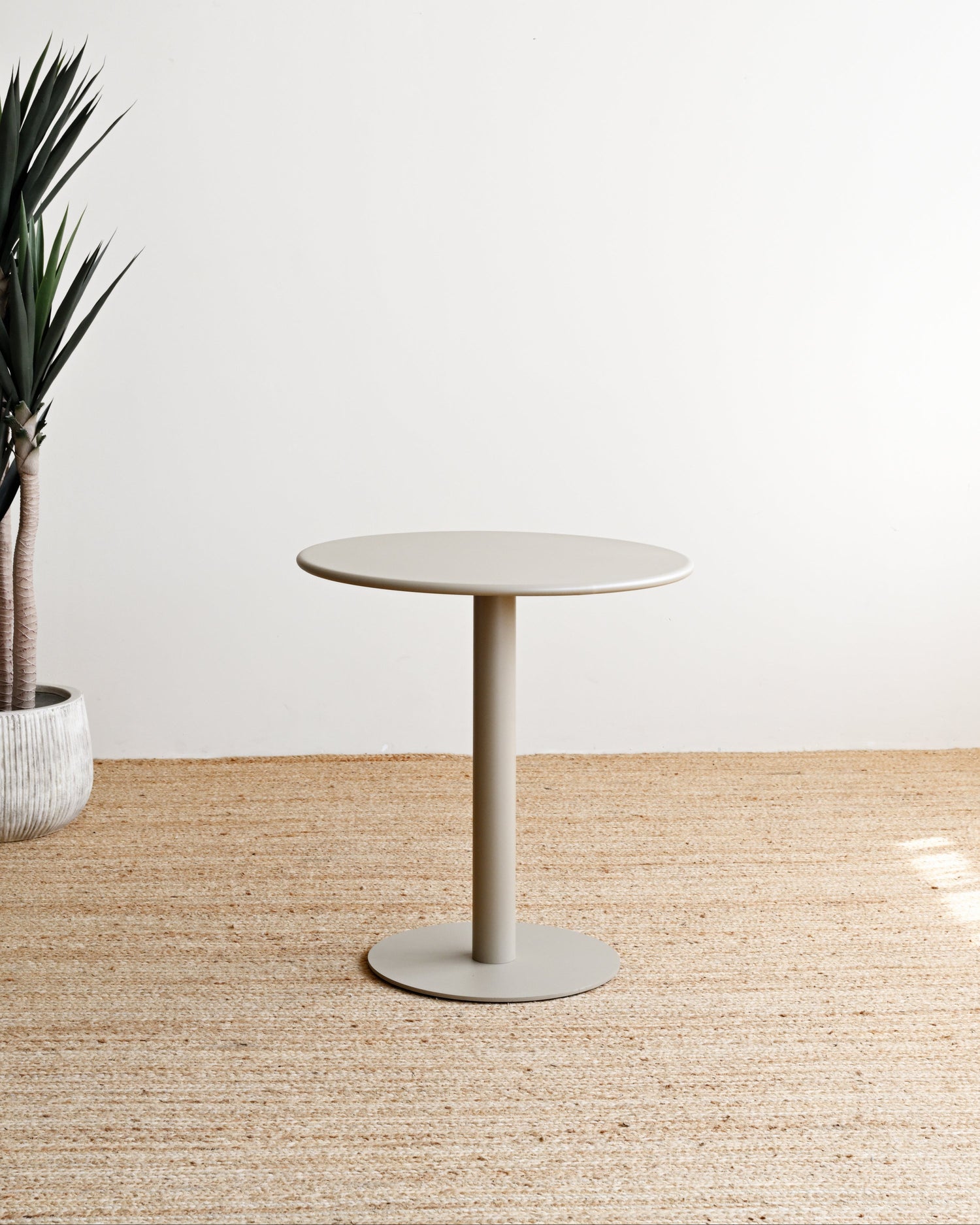 Round side table with a plant on a wooden floor against a white wall