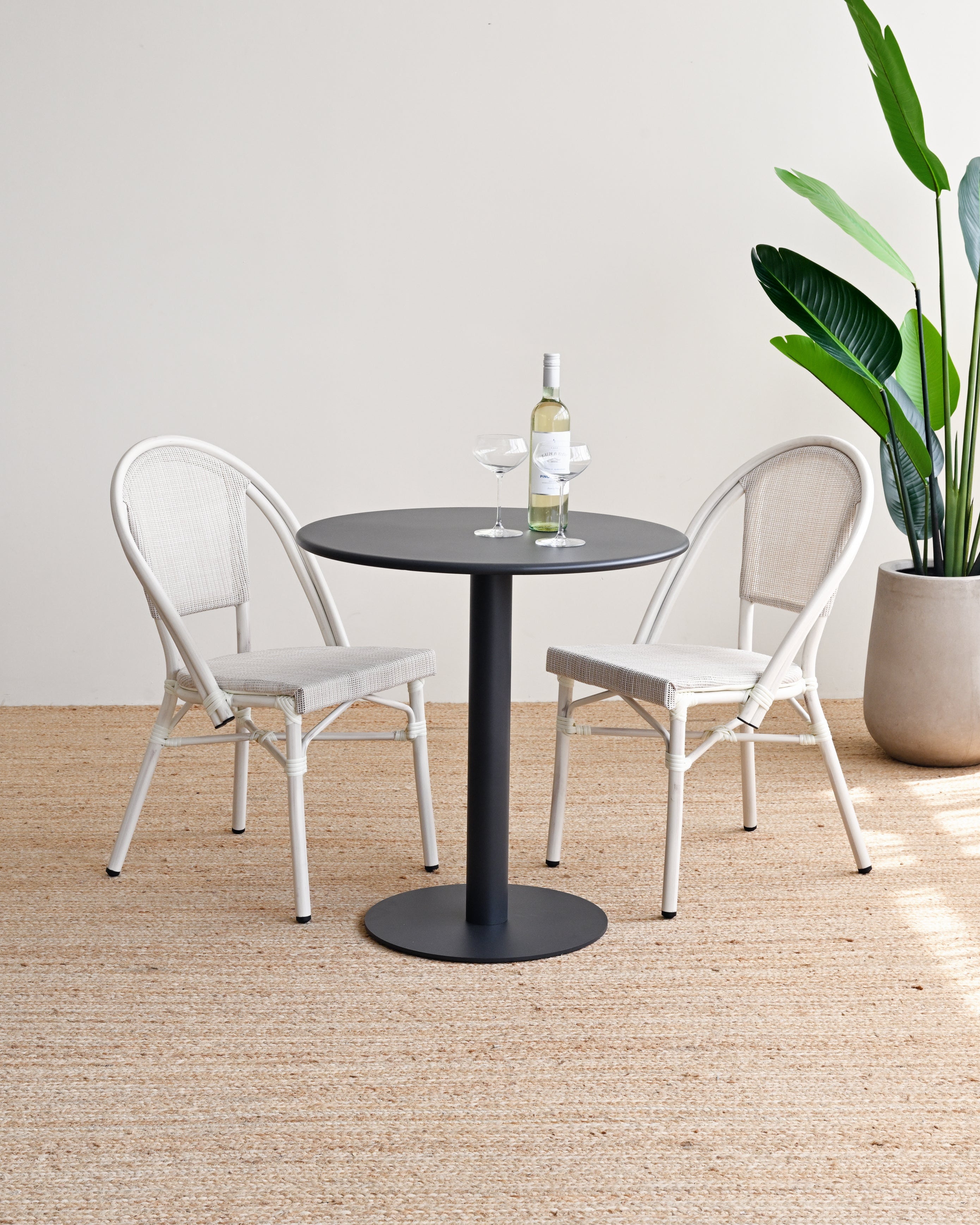 Two chairs around a round table with a plant in the corner on a wooden floor.