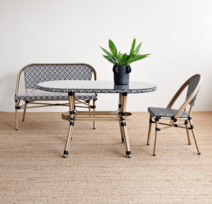 Outdoor furniture set with a table and two chairs on a wooden floor.