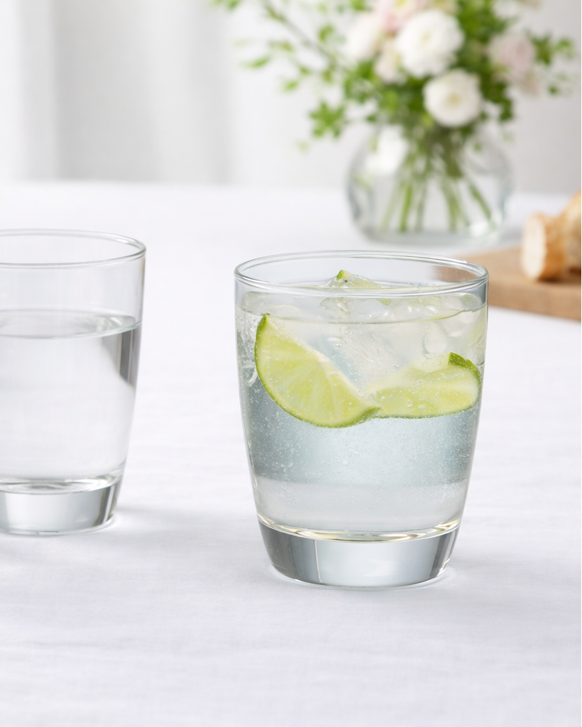 Set of four clear glasses on a white surface with one containing water and lime slices.