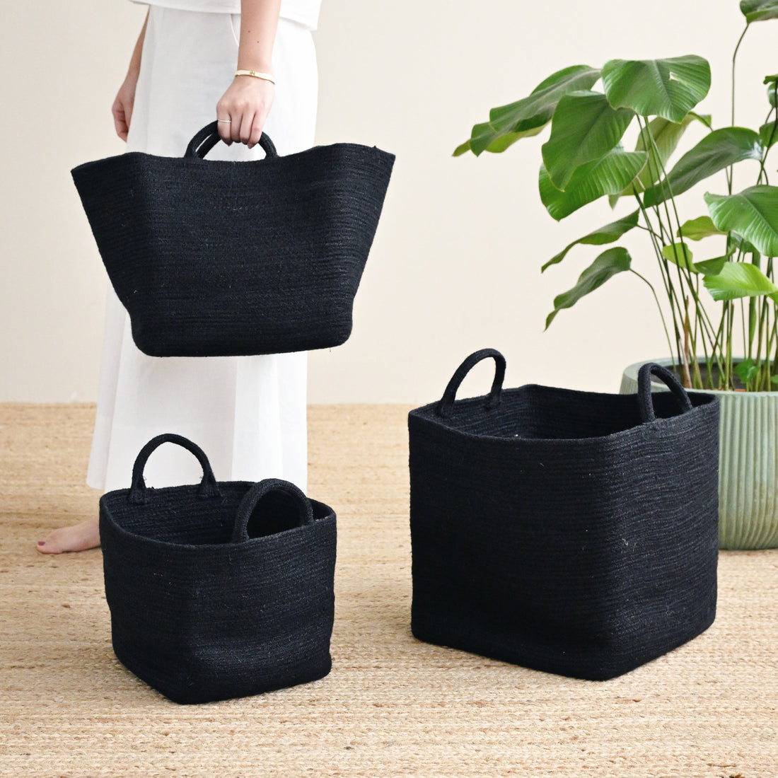 Rectangle Black Jute Storage Basket