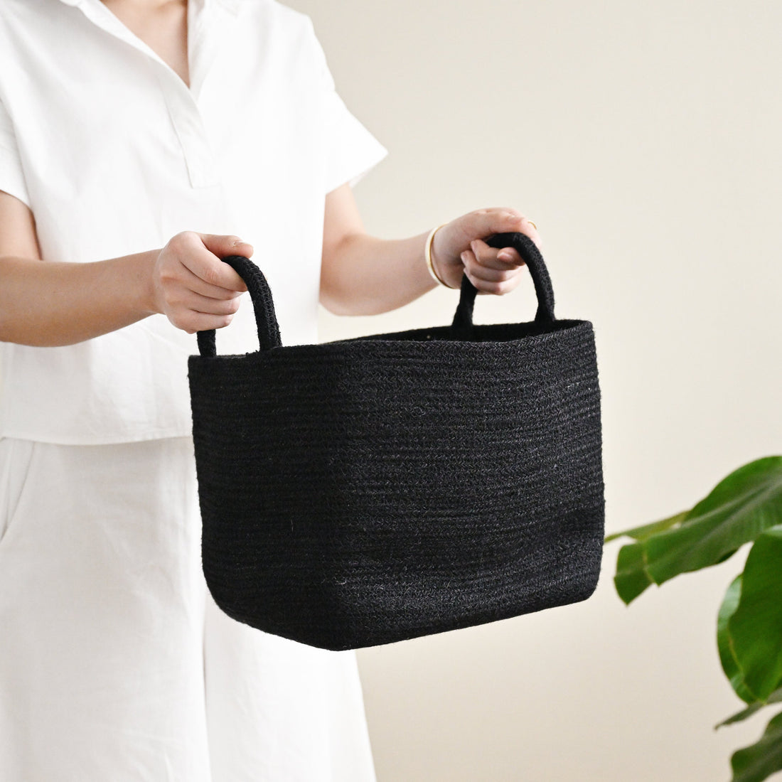 Rectangle Black Jute Storage Basket