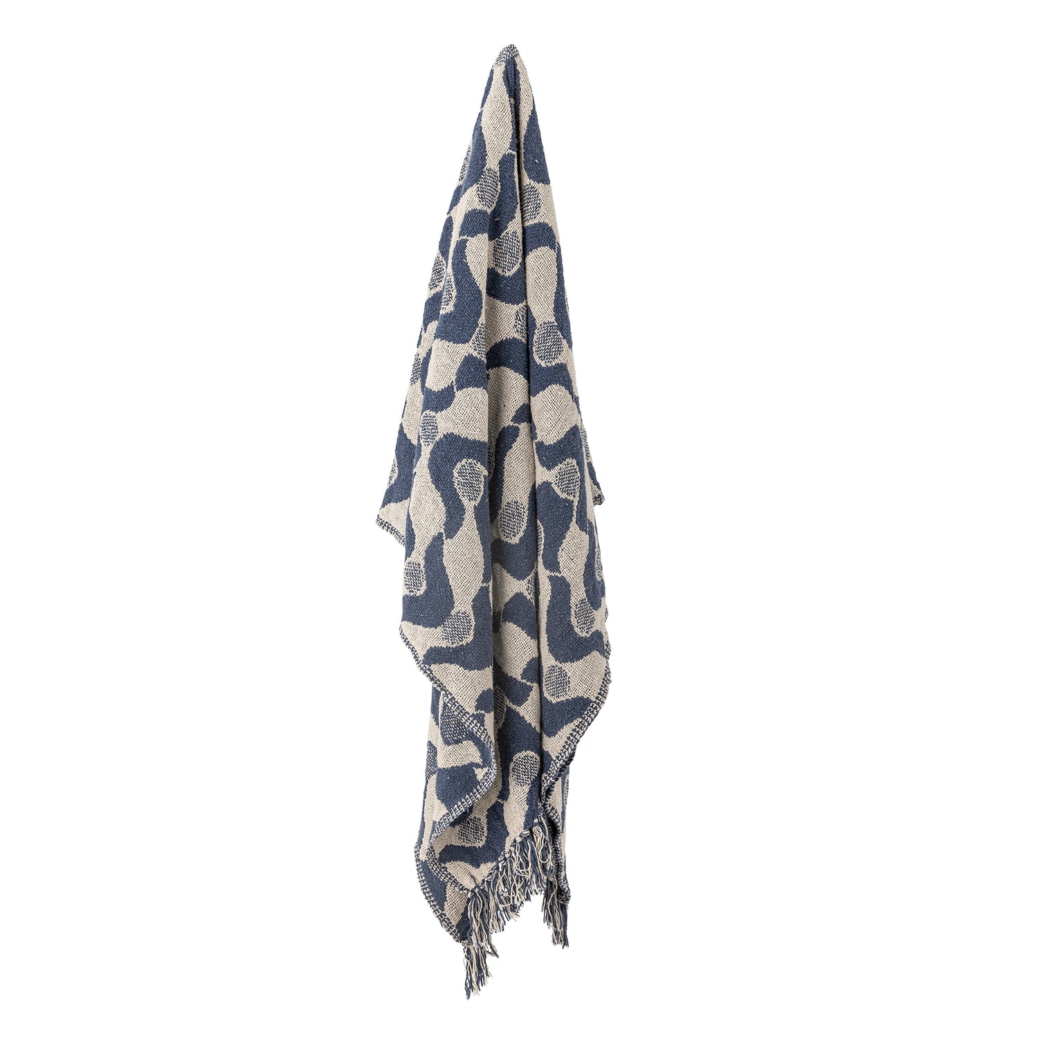 Blue and beige patterned throw blanket on a white background