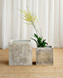 Two concrete planters with a single stem of yellow flowers on a beige rug.