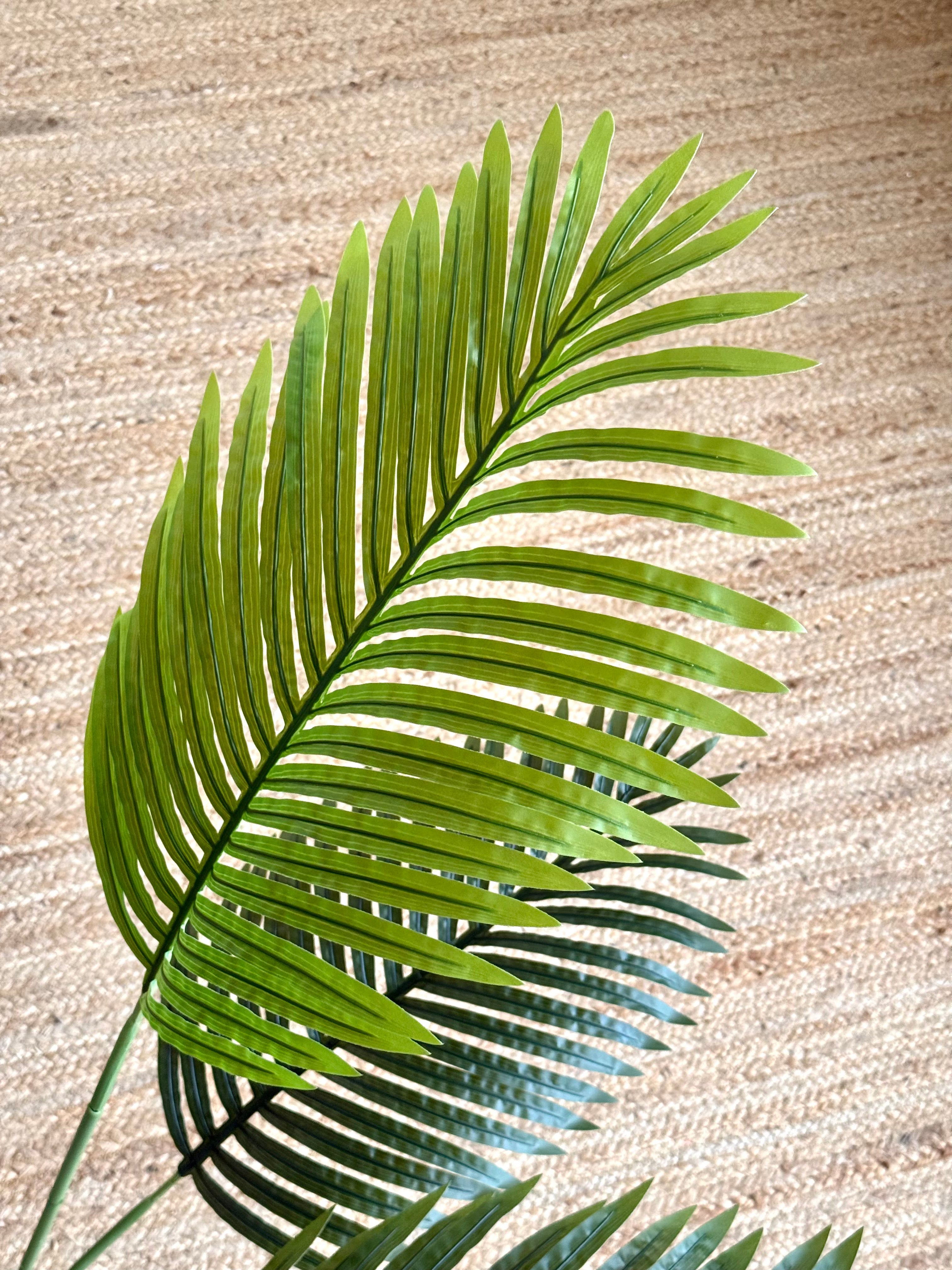 A single green palm leaf prop with realistic texture and shading, laid flat on a beige woven rug.