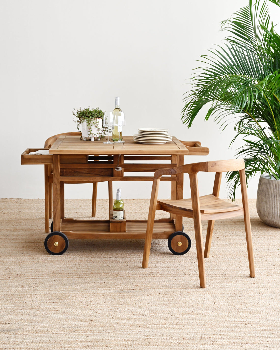 Wooden dining table with chairs and a plant in a minimalistic room.