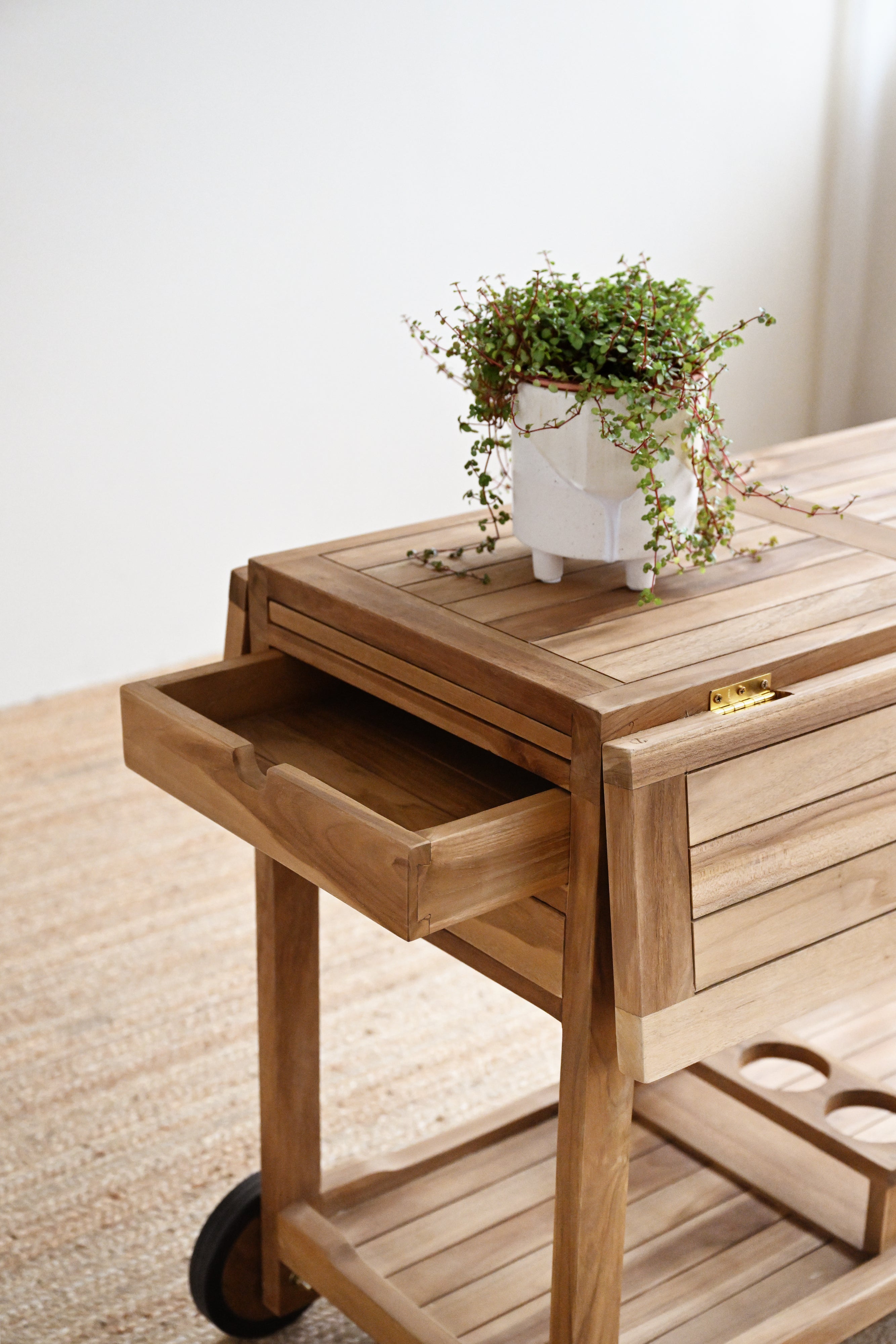 Wooden serving cart with a drawer and potted plant on a light wooden floor.