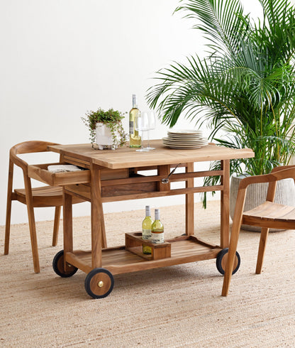 Wooden serving cart with drinks and plates on a beige carpet, surrounded by plants.