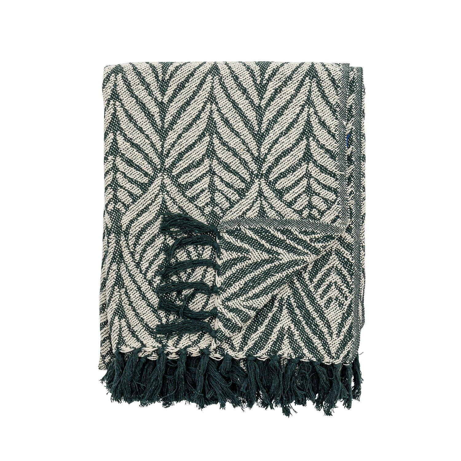 Black and white patterned throw blanket with fringes on a white background