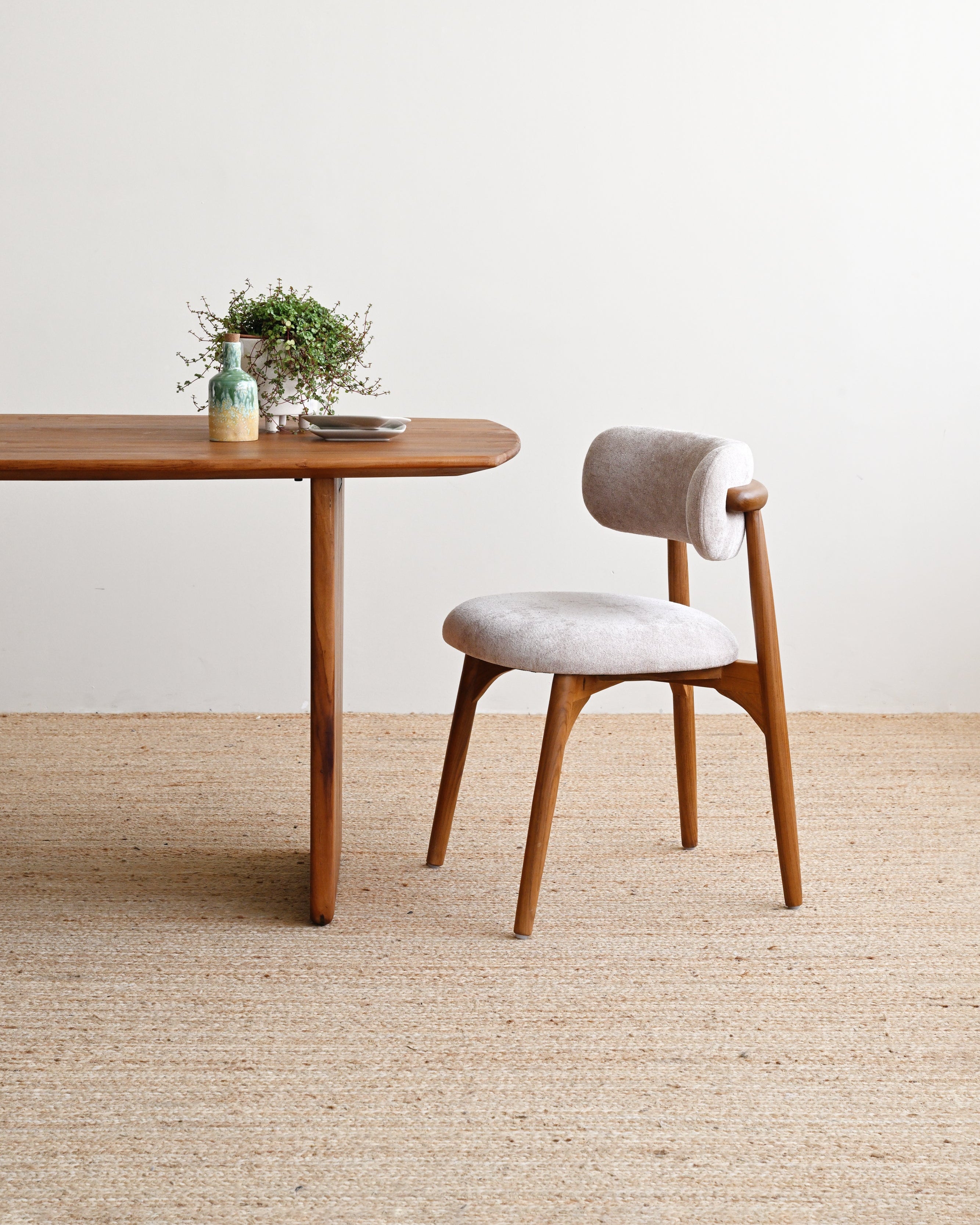 Wooden table with a plant and a chair on a beige carpet against a white wall