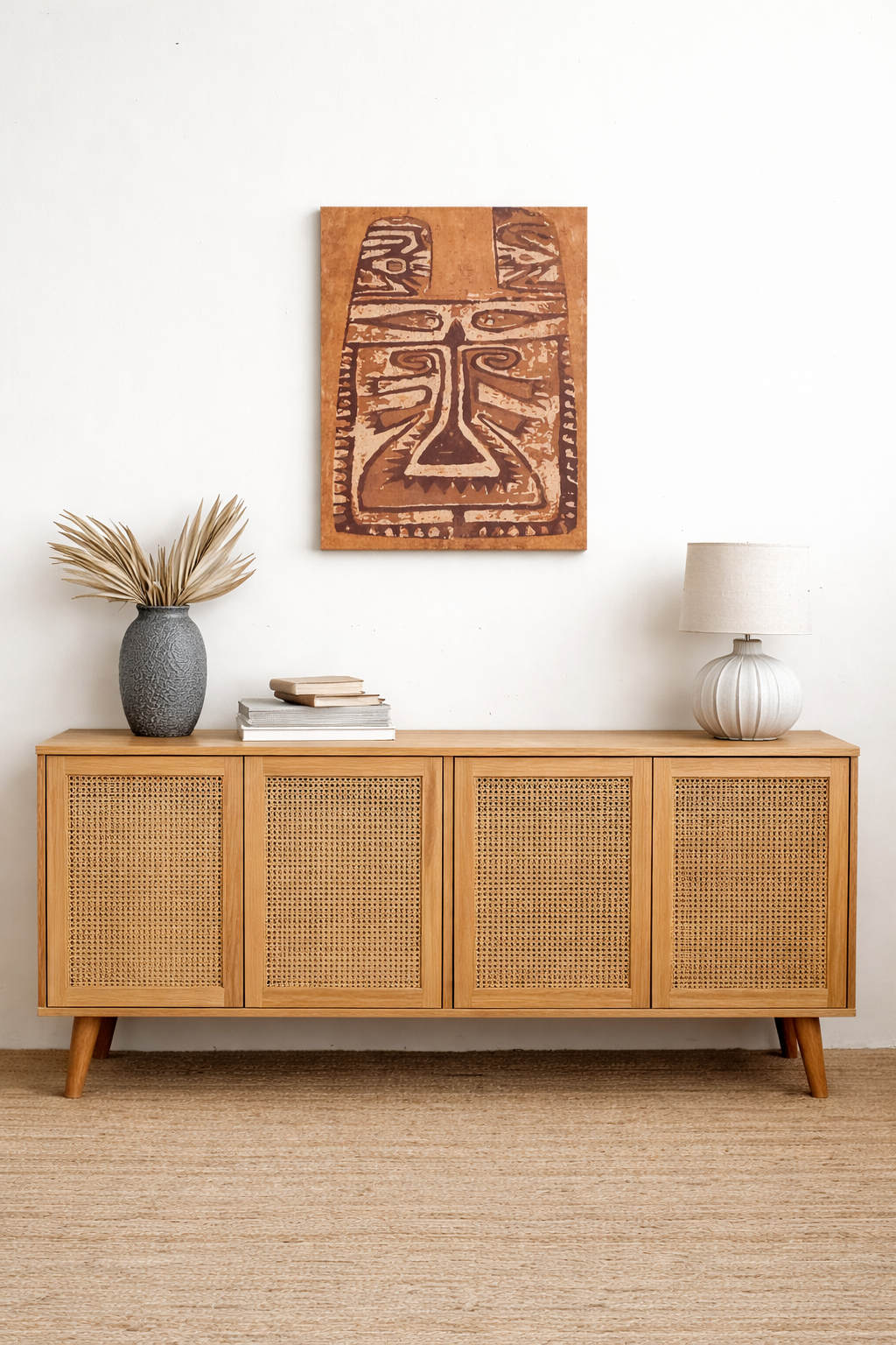 Wooden sideboard with rattan doors in a room with a wall art piece.