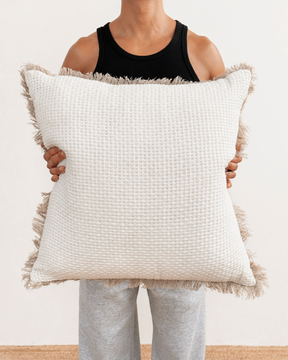 White Natural Textured Fringed Cushion Cover - 55cm x 55cm