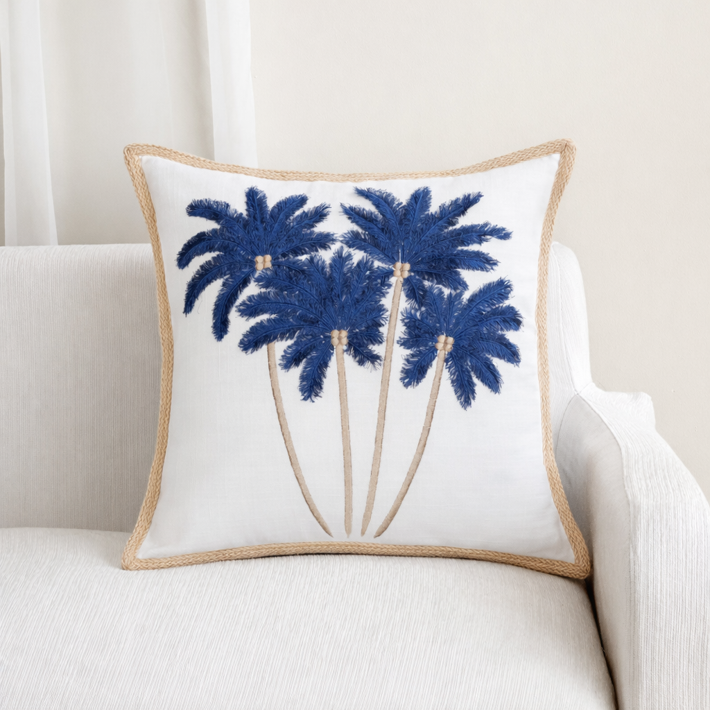 White Blue Linen Bali Palms Cushion Cover - 45cm x 45cm