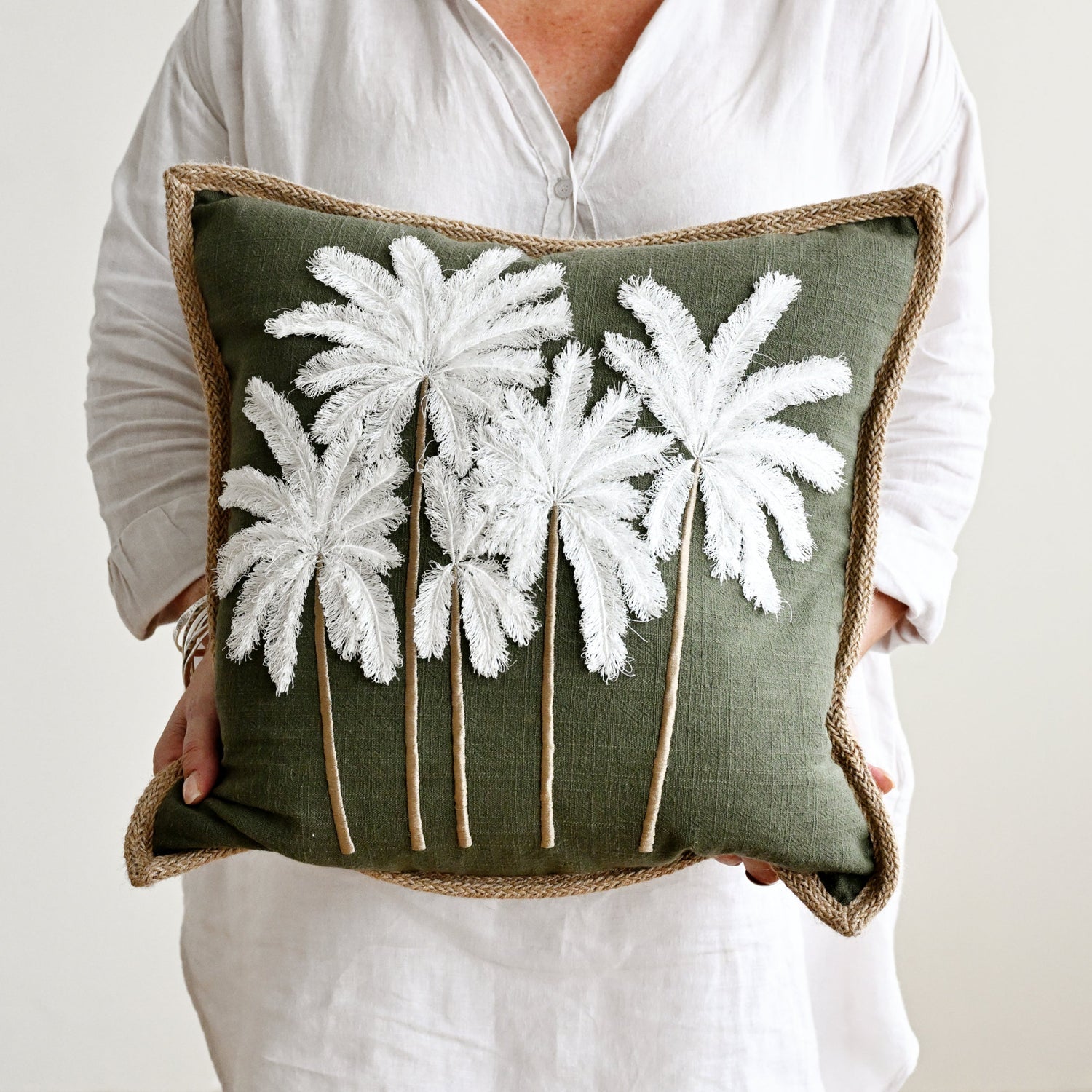 White Green Linen Bali Palms Cushion 45cm x 45cm 4