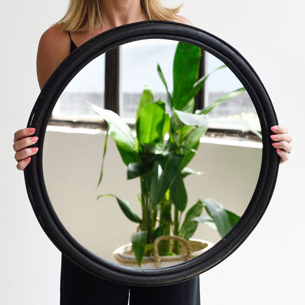 Black Round Rattan Mirror