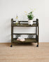 Vintage-style bar cart with a plant, bottle, and glasses on a neutral background