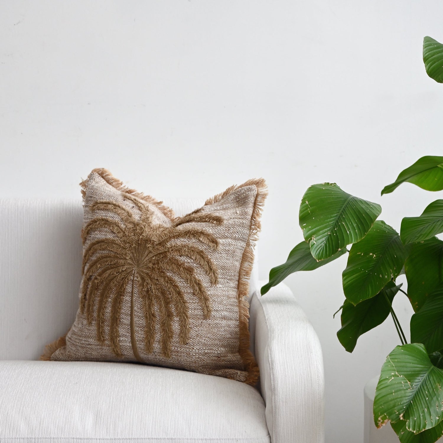 Natural Palmtree Cushion with Fringe