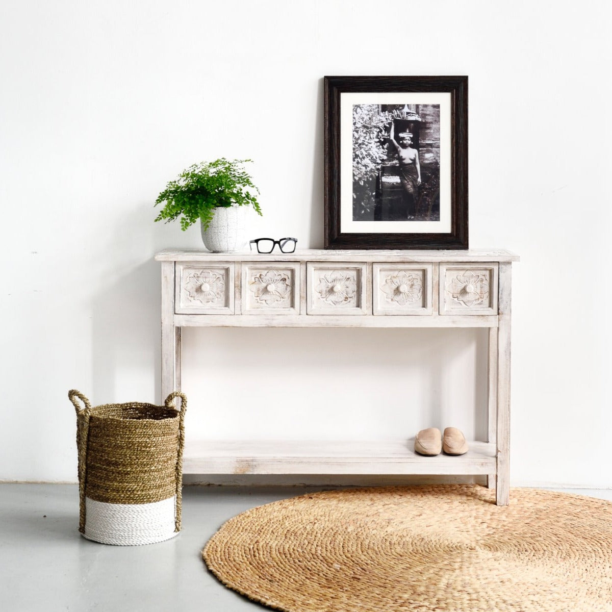 Moroccan console in white wash finish