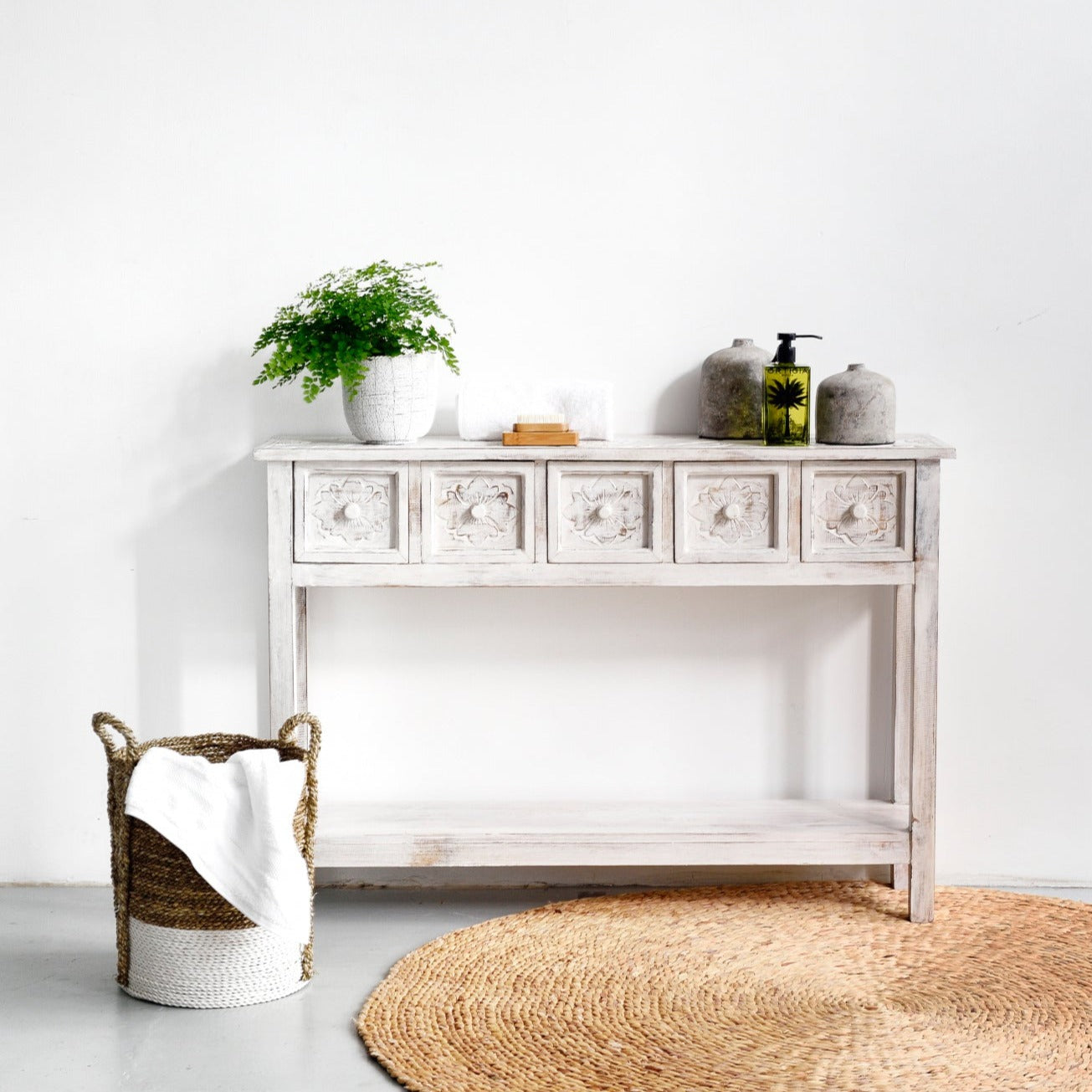 Moroccan console in white wash finish