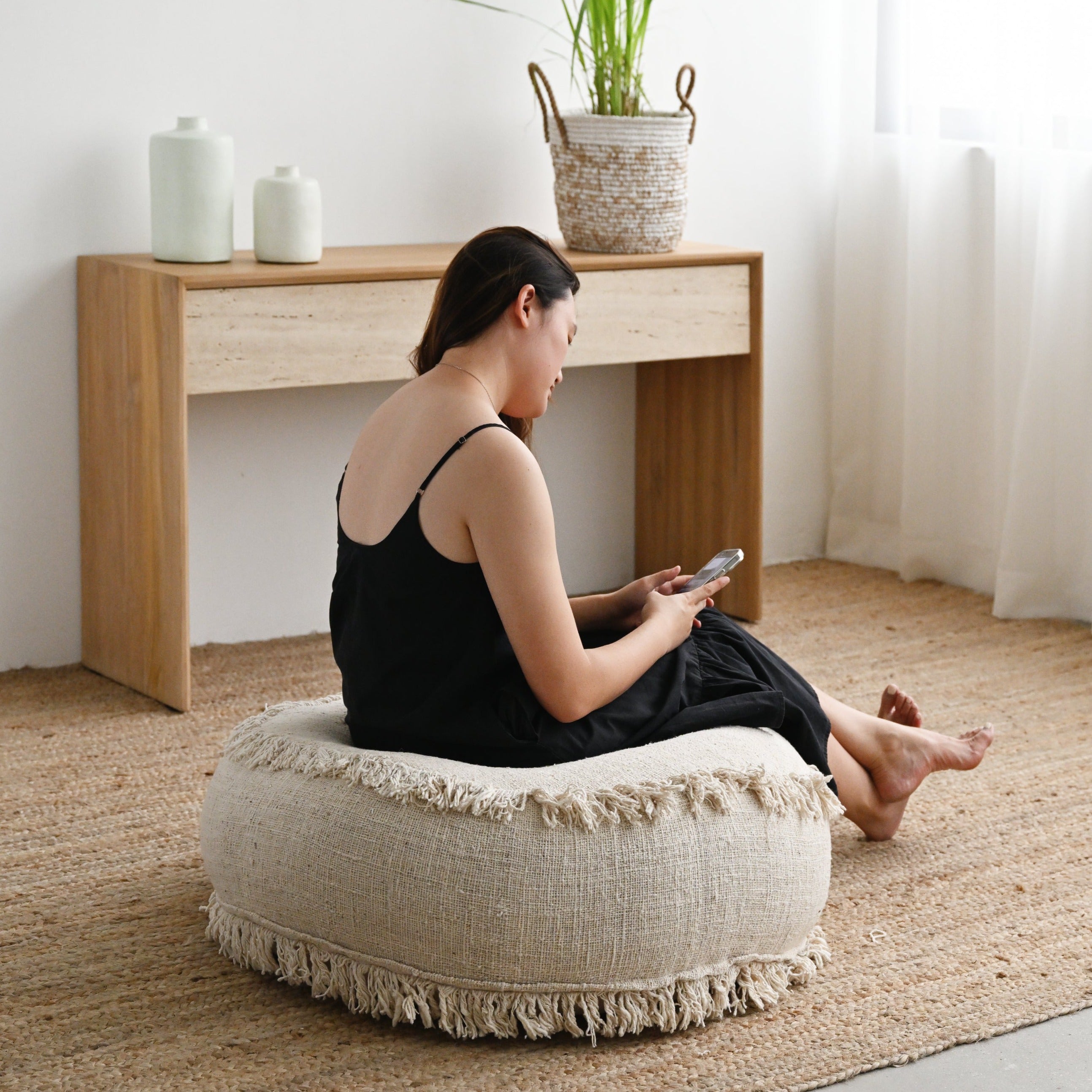 Natural Pouf with Fringe