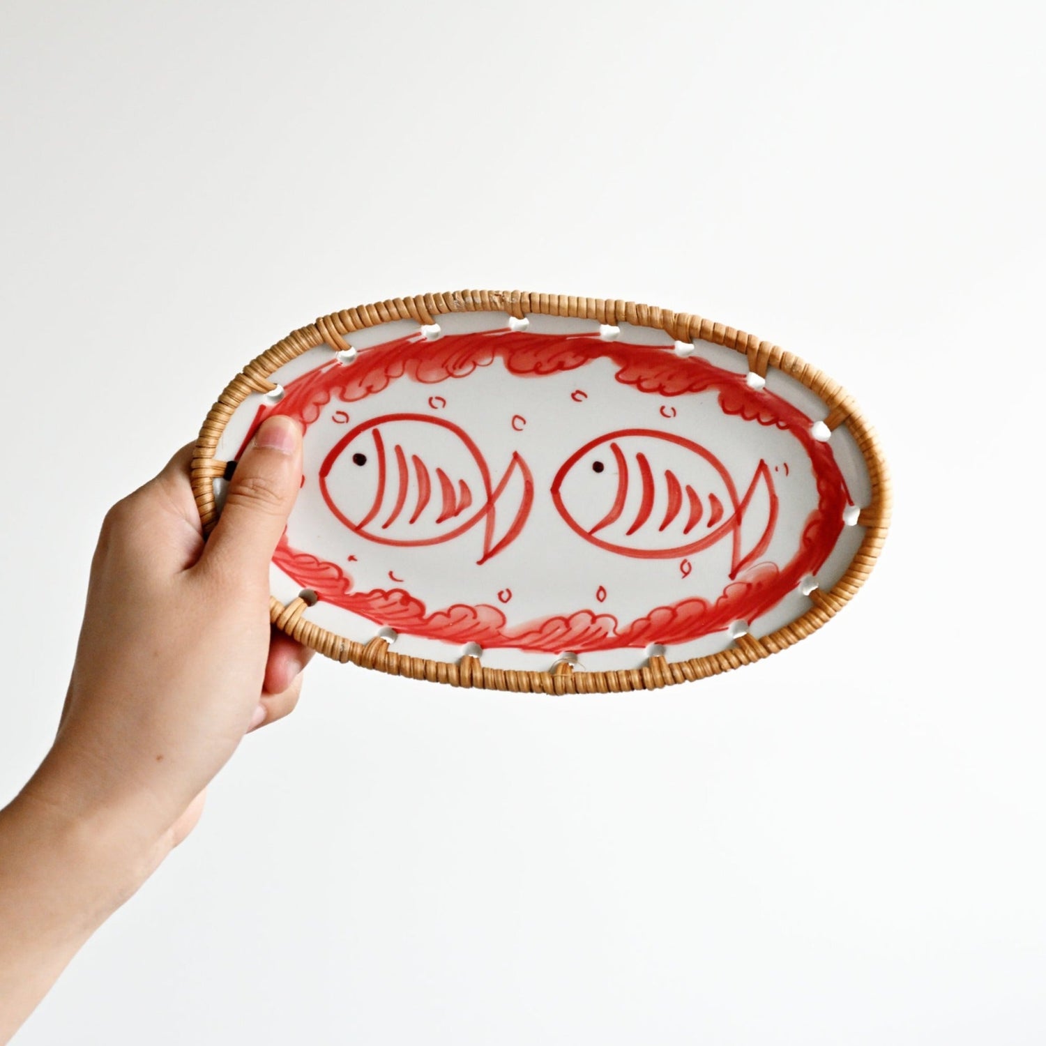 Ceramic and Rattan Oval Tray