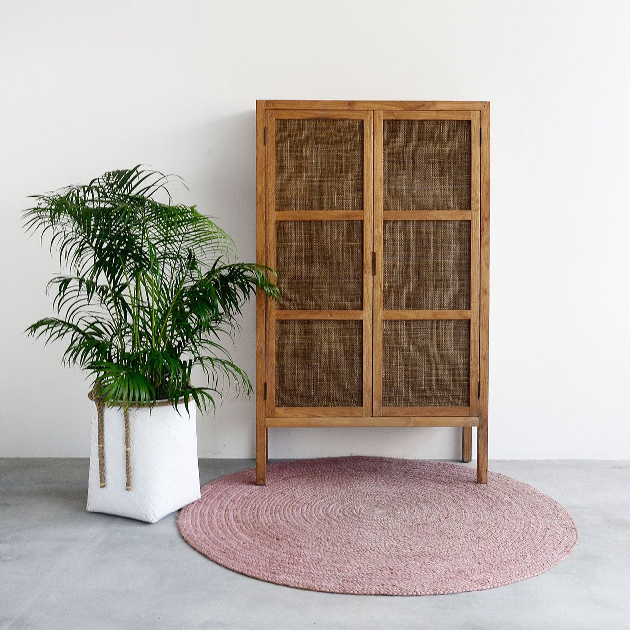 Rattan and teak wood lathvia storage cabinet