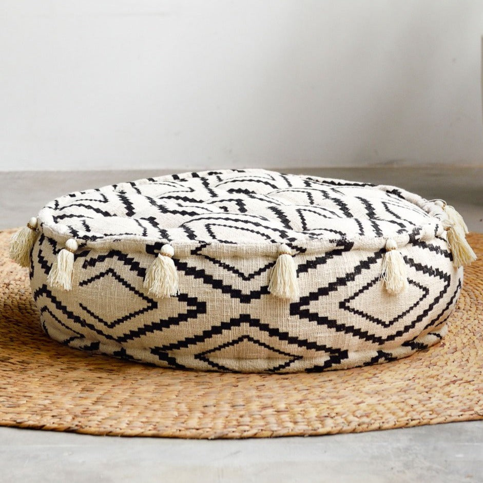 Round Raw Cotton Pouf with Tassels - Natural