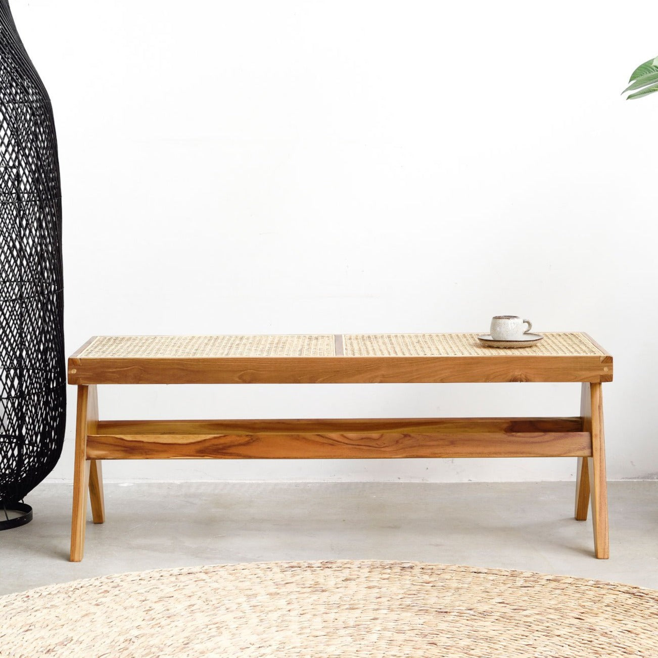 Teak and Rattan Bench