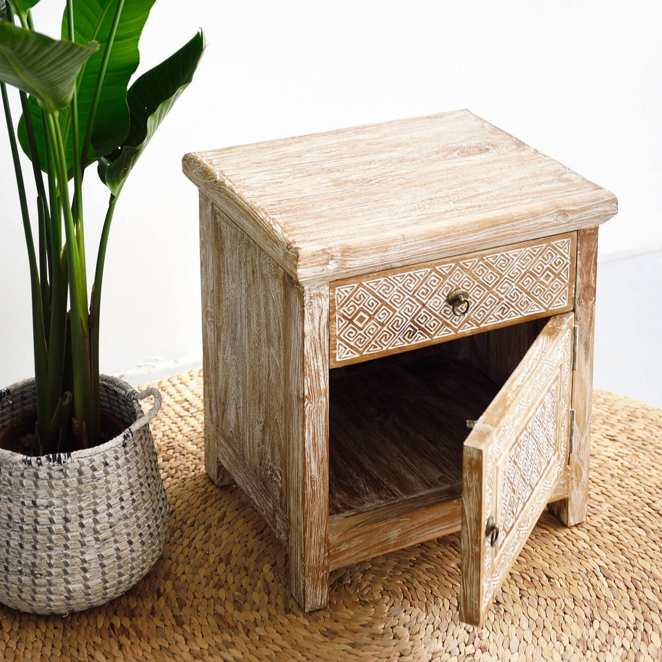 Tribal Bedside Table - White Wash