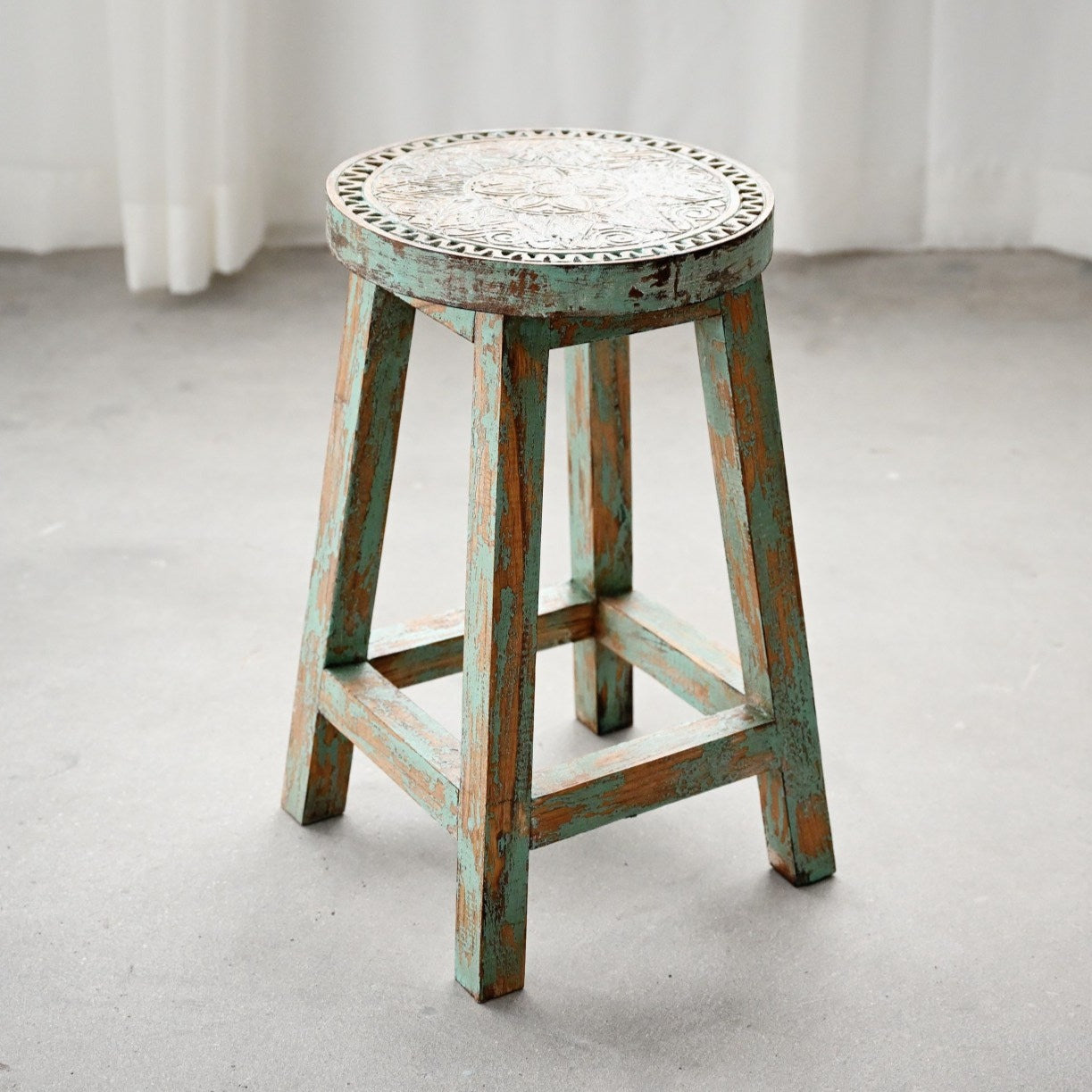 Green Hand Carved Stool