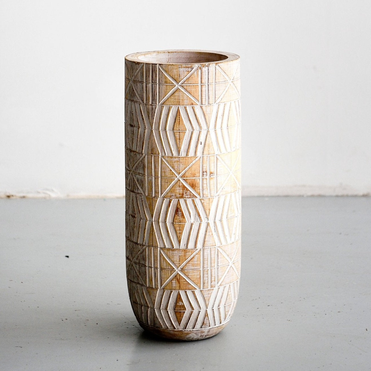 Hand carved Wooden Tribal Pot - White Wash - Decor