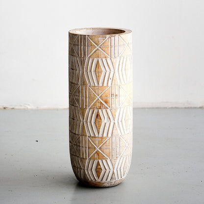 Hand carved Wooden Tribal Pot - White Wash - Decor