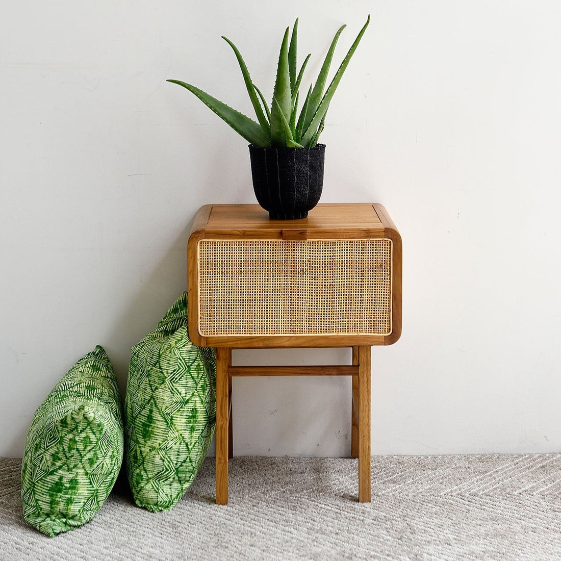 Teak and Rattan Bedside Table